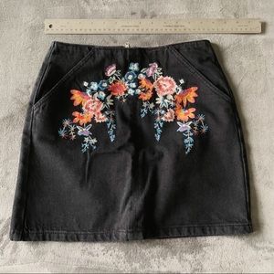 Topshop Black Jean Flower Embroidered Skirt